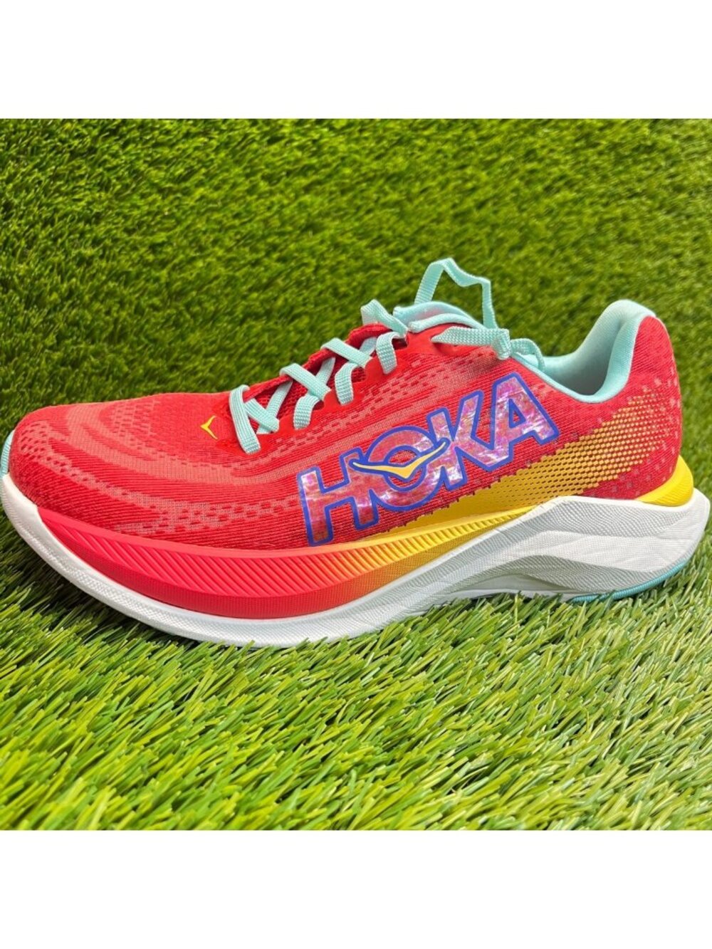 Hoka Women's Coral Yellow Teal Running Shoe - Picture 3 of 9